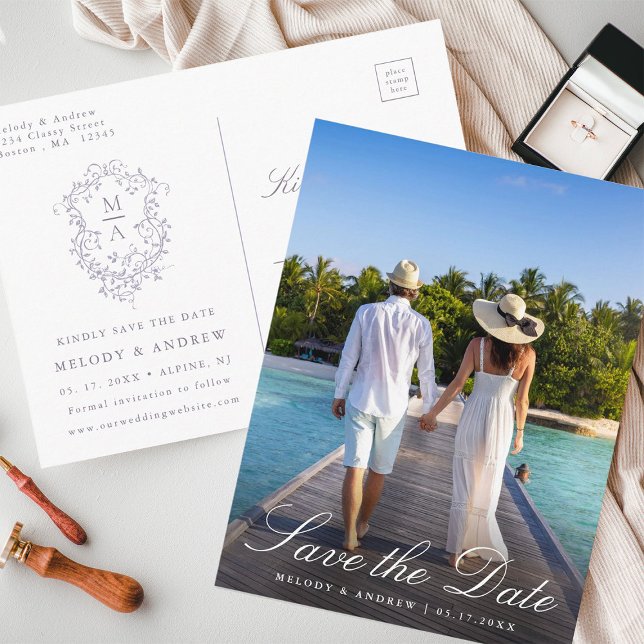 Postal French Lavender Floral Crest Photo Save the Date (Front & Back)