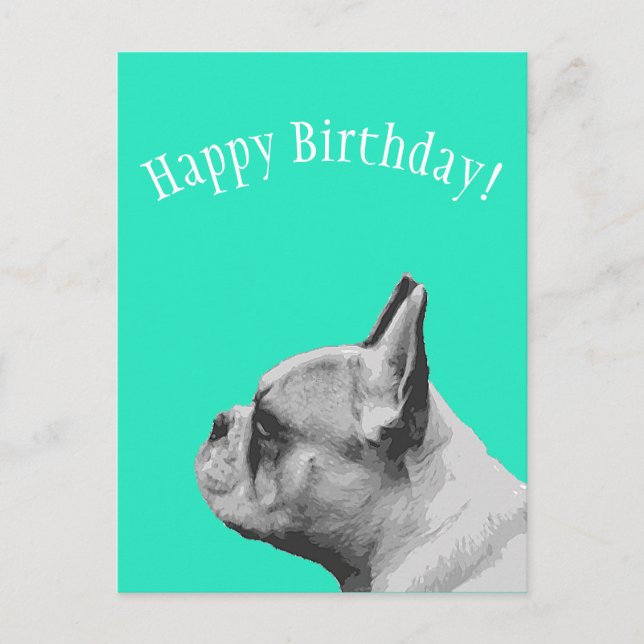 Postal Frenchie | Cumpleaños Feliz de color Acuario (Anverso)