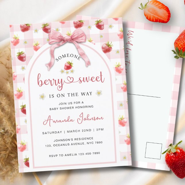 Postal Fresa Cinta rosa Berry Sweet Baby Shower (Subido por el creador)