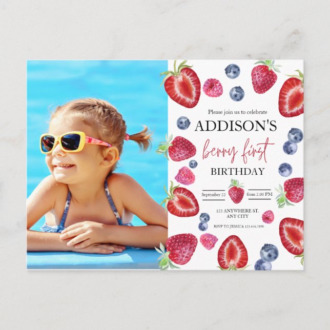 Postal Fresa primer cumpleaños Fiesta Berry primera foto (Anverso)