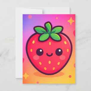 Postal Fresa sonriente Kawaii sobre el fondo degradado pa
