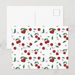 Postal Fresas rojas botánicas, vegetación y flores de cer