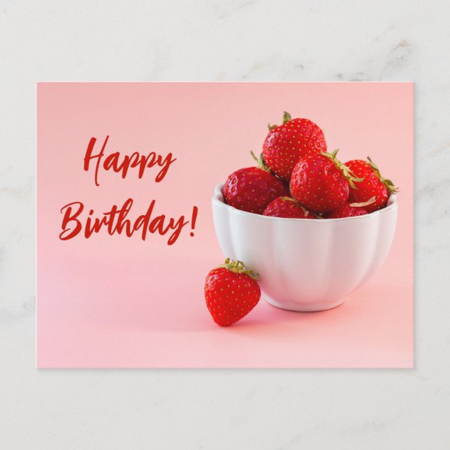Postal Fresas Rojas En Un Tazón Sobre Feliz Cumpleaños Ro (Anverso)