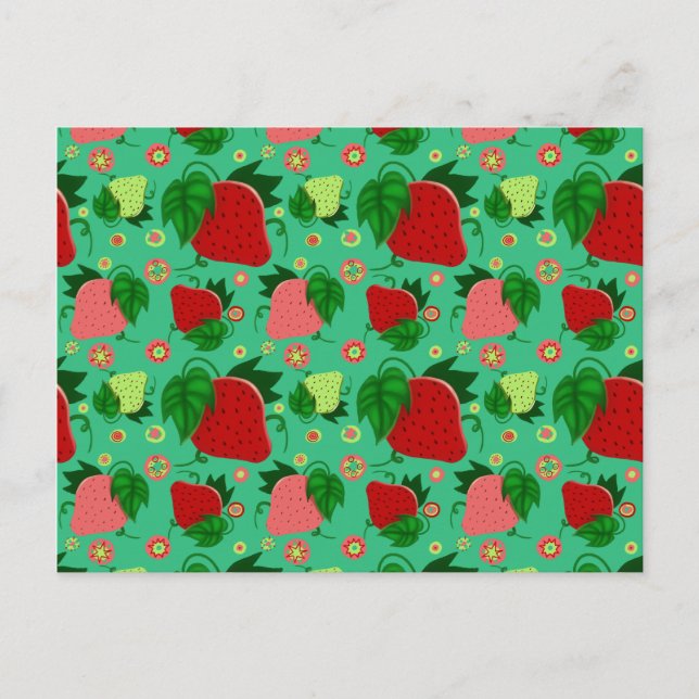 Postal Fresas rosadas de color verde rojo (Anverso)