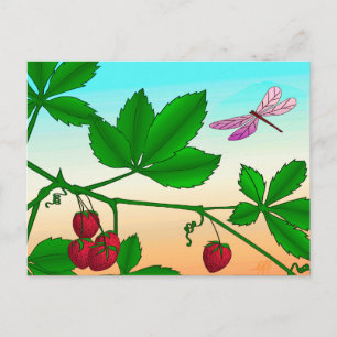 Postal Fresas y huellas de la libélula