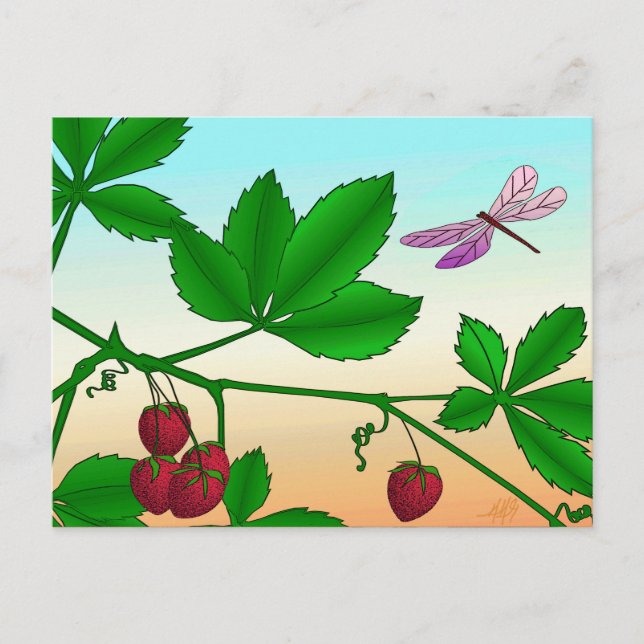 Postal Fresas y huellas de la libélula (Anverso)