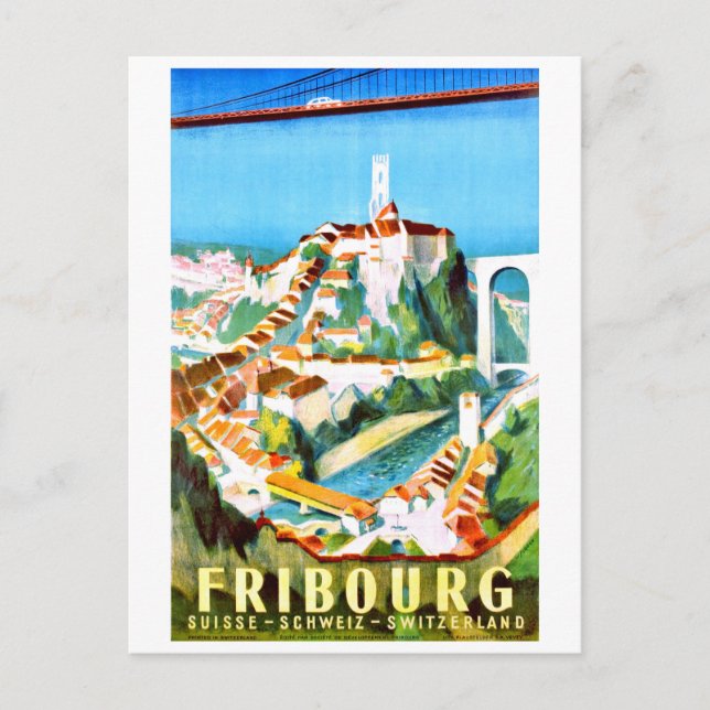 Postal Friburgo, ciudad, Suiza. Viaje vintage (Anverso)