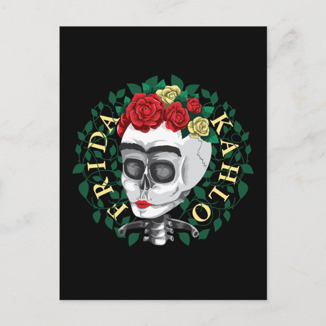 Postal Frida Kahlo | Calavera con corona Rosa (Anverso)