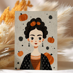 Postal Frida Kahlo con calabazas espeluznantes Halloween