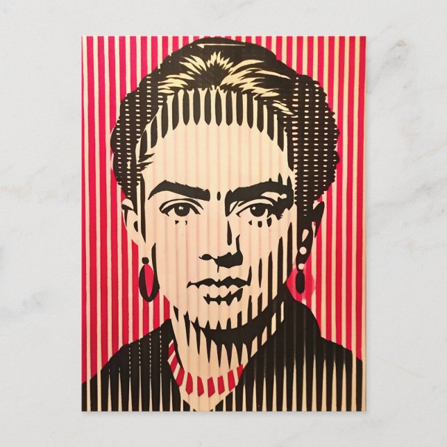 Postal Frida Kahlo en el estilo de ilusión óptica BAUHAUS (Anverso)