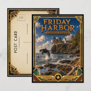 Postal Friday Harbor Washington Vintage Arte Deco Dorado