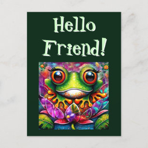 Postal Frog Whimsical Abstract Pintura Art Floral Verde
