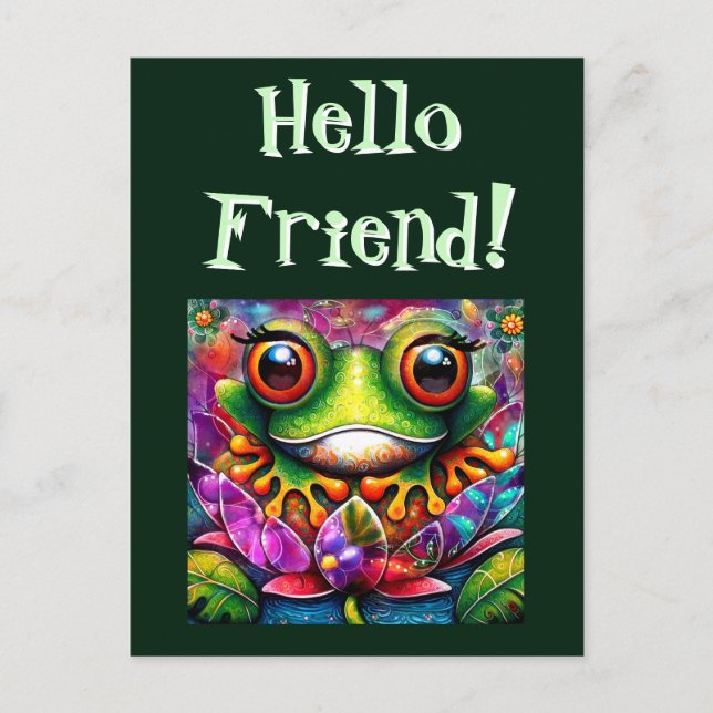 Postal Frog Whimsical Abstract Pintura Art Floral Verde (Anverso)