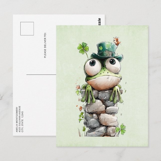 Postal Frog with Green Hat and Shamrock Cute (Anverso / Reverso)