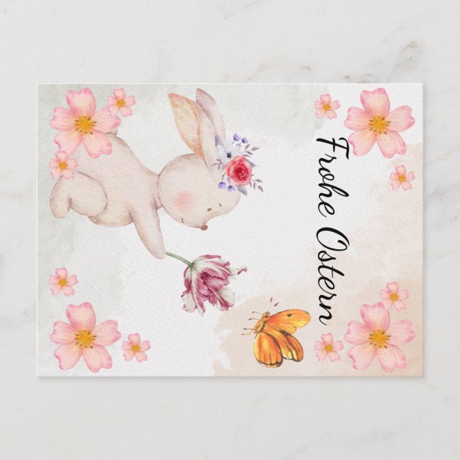 Postal Frohe Ostern -  mit hase und Blumen  (Anverso)