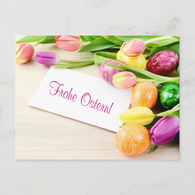 Postal Frohe Ostern Postkarte mit Tulpen und Ostereier (Anverso)