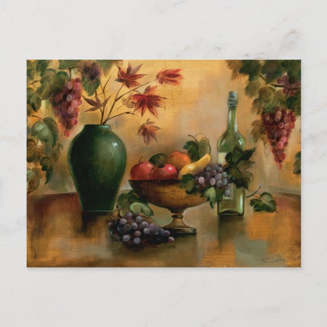 Postal Frutas y vino con hues otoñales (Anverso)