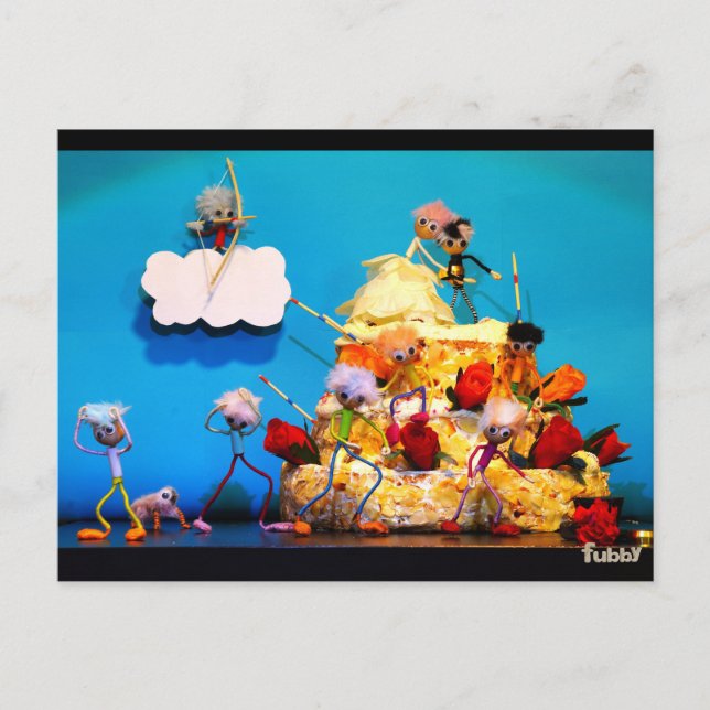 Postal Fubby bruiloft met cupido die voor liefde zorgt. (Anverso)