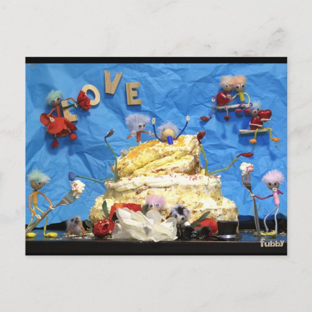 Postal Fubby feest met taart en bruidspaar. (Anverso)