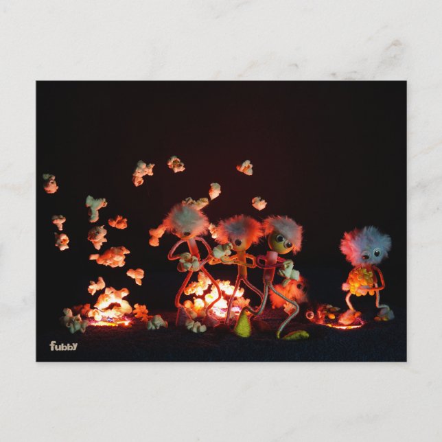 Postal Fubby's bij popcorn explosie uit lava gaten. (Anverso)