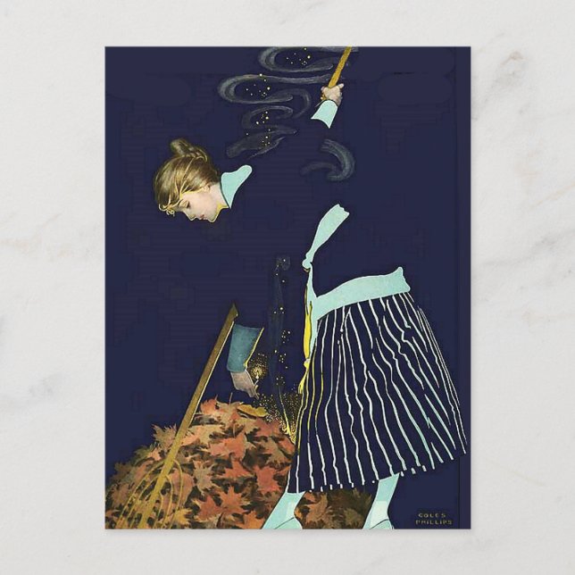 Postal Fuego de hojas de otoño por C Coles Phillips (Anverso)