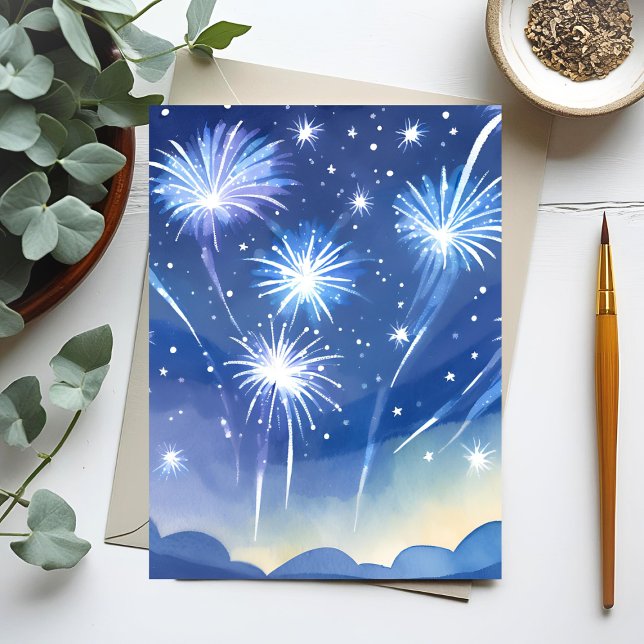 Postal Fuegos artificiales azules | Watercolor de celebra (Subido por el creador)