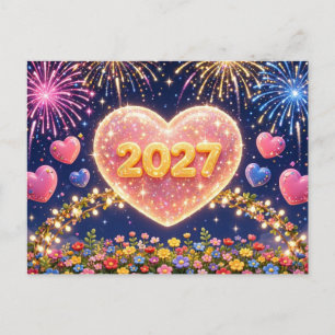 Postal Fuegos Artificiales de Año Nuevo Feliz 2027 Corazó