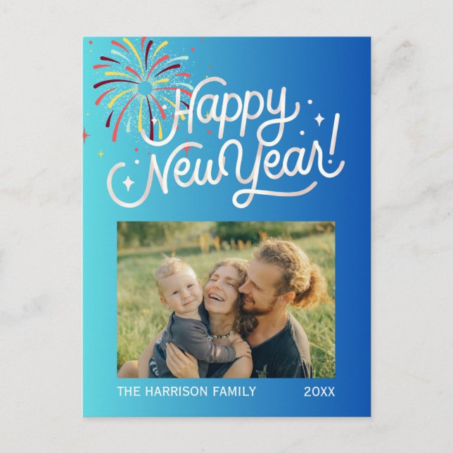Postal Fuegos artificiales de degradado azul Feliz Año Nu (Anverso)