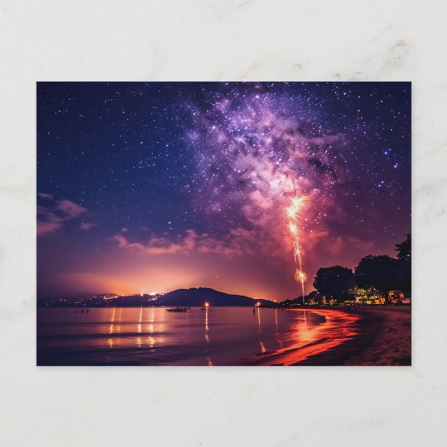 Postal Fuegos artificiales púrpura sobre la playa (Anverso)