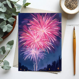 Postal Fuegos artificiales rosados | Feliz Año Nuevo Acua