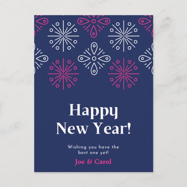 Postal Fuegos artificiales rosas y blancas Feliz Año Nuev (Anverso)