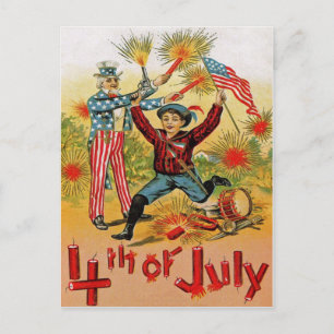 Postal Fuegos Artificiales Uncle Sam Niño Vintage 4 de Ju