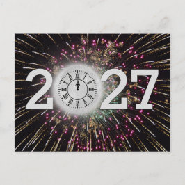 Postal Fuegos artificiales y reloj de luna de año nuevo 2