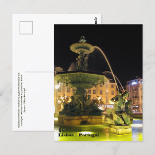 Postal Fuente iluminada y Sirena. Rossio, Lisboa