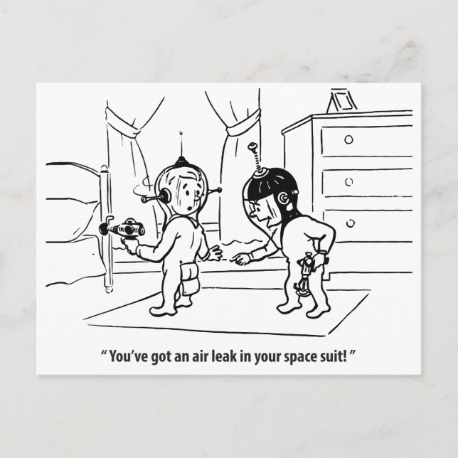 Postal Fuga de aire en el traje espacial, cómica, ventila (Anverso)