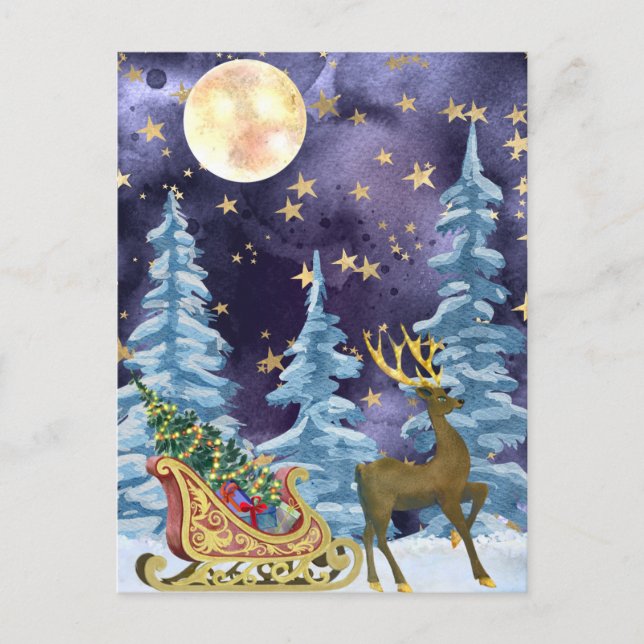 Postal Full Moon Over Reindeer With Sleigh (Anverso)
