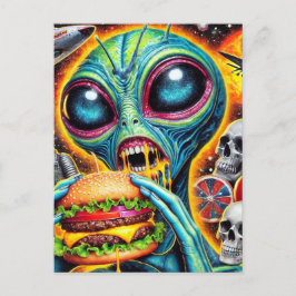 Postal Fun Alien comiendo Cheeseburger