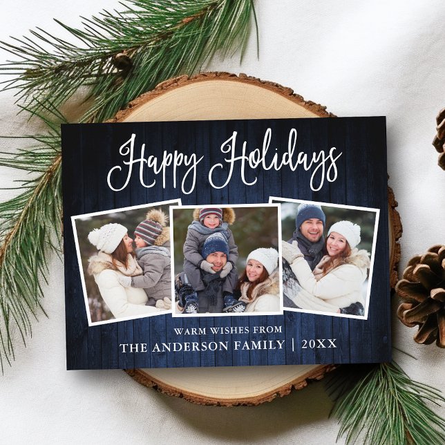 Postal Fun Calligraphy Blue Wood 3 Photo Holiday (Customize to change your personalized text size or text style.)
