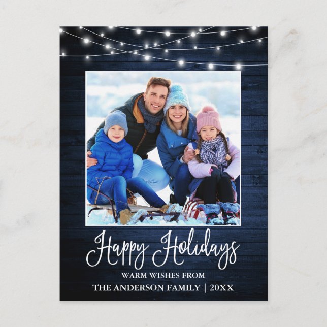 Postal Fun Calligraphy Blue Wood Luces Photo Holiday (Anverso)