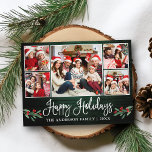 Postal Fun Calligraphy Holiday Green Wood Holly 5 Foto<br><div class="desc">Moderna caligrafía de diversión guión 5 Collage de fotos de la familia de fotos Feliz feriado postal incluye Navidades de acuarela Holly Berries - Rustic Country Green Wood</div>