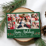 Postal Fun Calligraphy Holly 5 Fotografía Happy Holidays<br><div class="desc">Moderna caligrafía de diversión guión 5 Collage de fotos de la familia de fotos Feliz feriado postal incluye Navidades de acuarela Holly Berries - Forest Green</div>