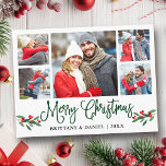 Postal Fun Calligraphy Holly 5 Navidades de parejas de fo<br><div class="desc">Moderna caligrafía de diversión guión 5 Collage de fotos de fotos de pareja Feliz postal navideño incluye Navidades de acuarela Holly Berries - Guión verde</div>