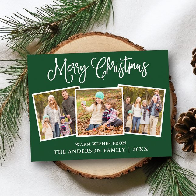 Postal Fun Calligraphy Navidades 3 Fotos Green (Customize to change your personalized text size or text style.)