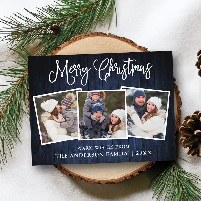 Postal Fun Calligraphy Navidades Blue Wood 3 fotos (Customize to change your personalized text size or text style.)