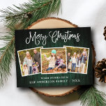 Postal Fun Calligraphy Navidades Green Wood 3 Fotos<br><div class="desc">Moderna caligrafía divertida guión Feliz Navidad 3 tarjeta postal de vacaciones - Rústico País Madera Verde</div>