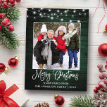 Postal Fun Calligraphy Navidades Green Wood Lights<br><div class="desc">Moderna caligrafía divertida guión Feliz Navidad Familia Fotografía postal - Rústico País Madera Verde con cadenas</div>