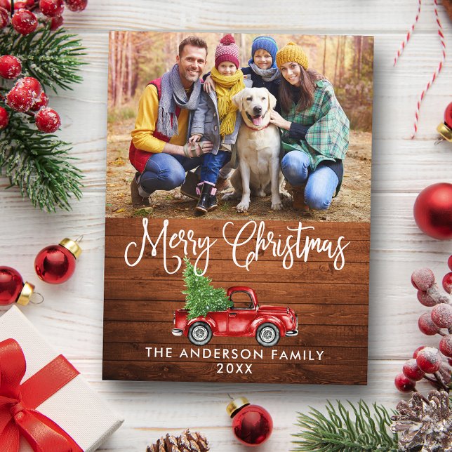 Postal Fun Calligraphy Navidades Wood Red Truck Photo (Customize to change your personalized text size or text style.)