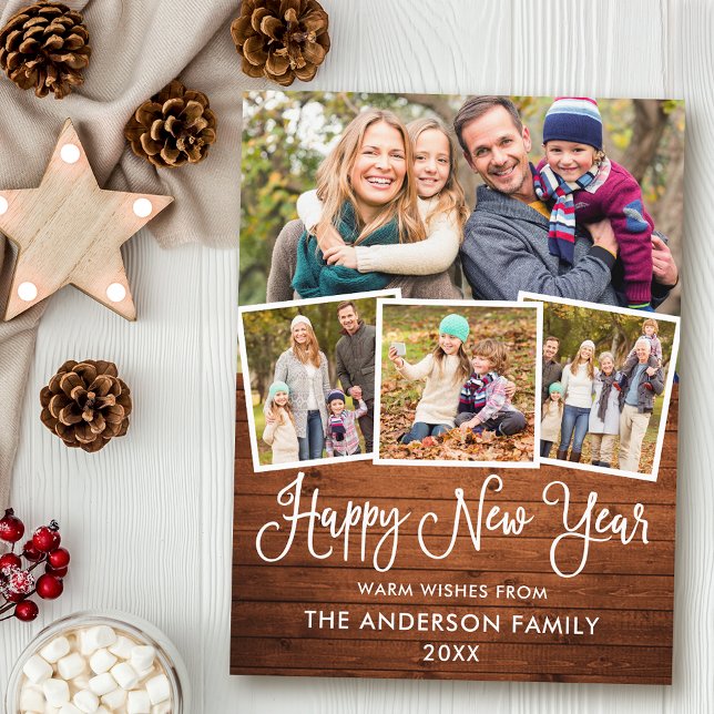 Postal Fun Calligraphy Wood Feliz Año Nuevo 4 Foto (Customize to change your personalized text size or text style.)