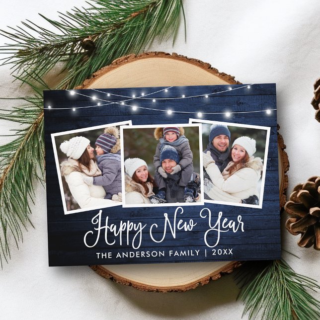 Postal Fun Calligraphy Wood Lights 3 Foto Feliz Año Nuevo (Customize to change your personalized text size or text style.)