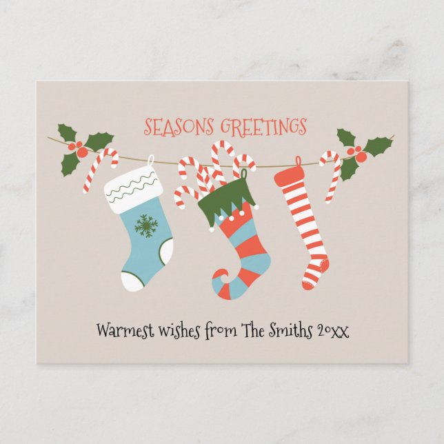 Postal Fun Red Script Green Stockings Candy Cane Floral (Anverso)